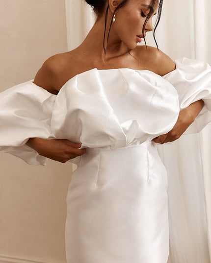 Off White Puffed Neckline Mini Dress