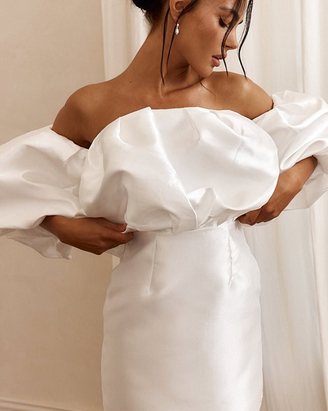 Off White Puffed Neckline Mini Dress