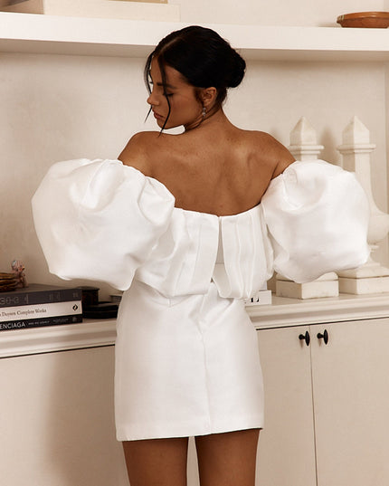 Off White Puffed Neckline Mini Dress