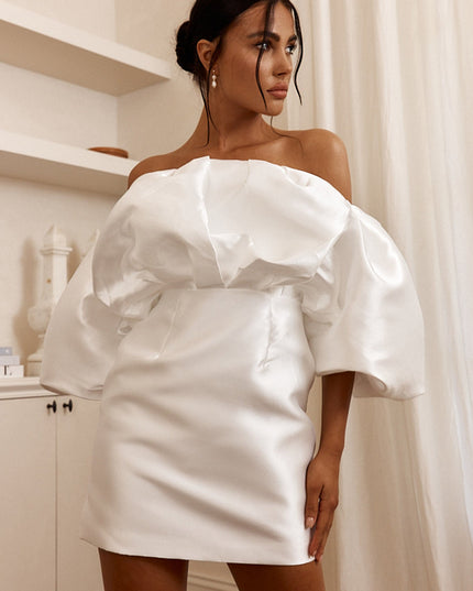 Off White Puffed Neckline Mini Dress