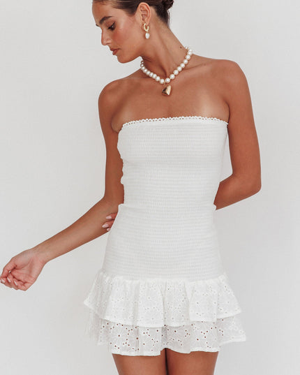 Off White Strapless Shirred Mini Dress