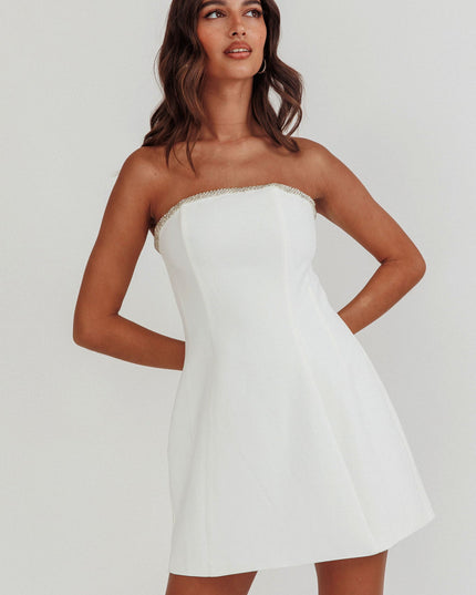 Off White Rhinestone Trim Strapless Mini Dress