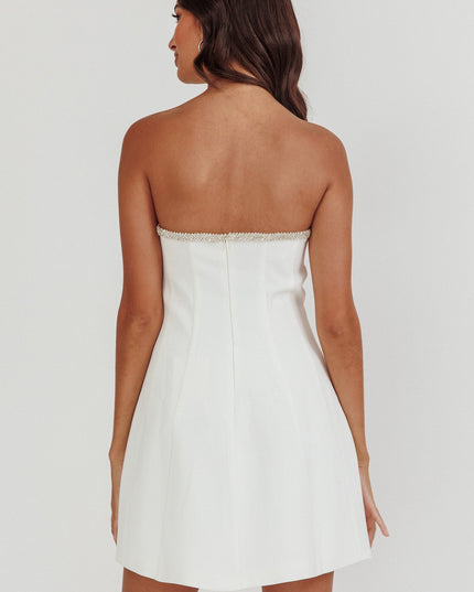 Off White Rhinestone Trim Strapless Mini Dress