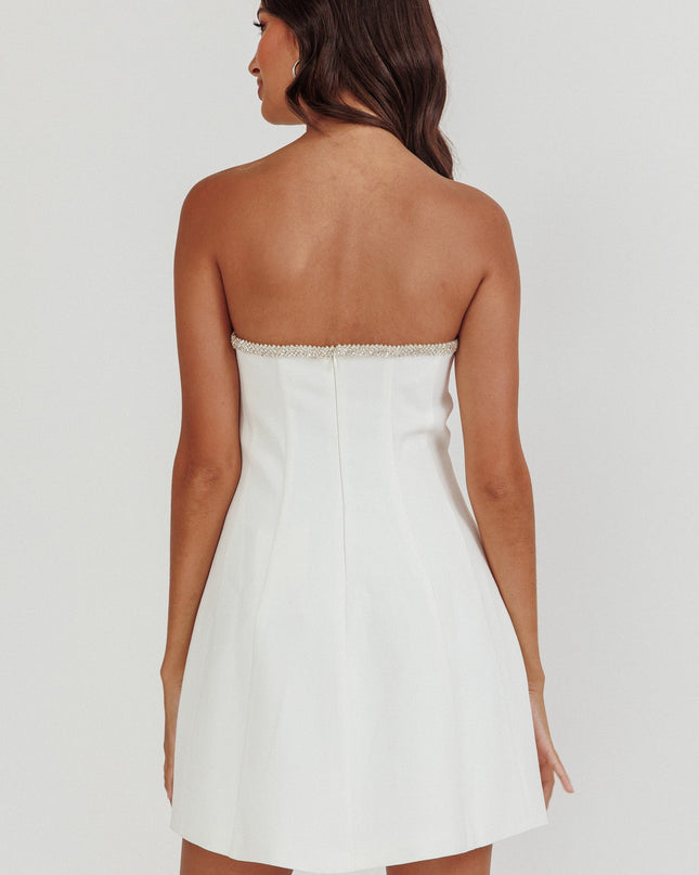 Off White Rhinestone Trim Strapless Mini Dress