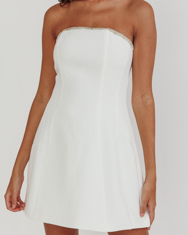 Off White Rhinestone Trim Strapless Mini Dress
