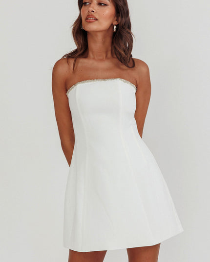 Off White Rhinestone Trim Strapless Mini Dress