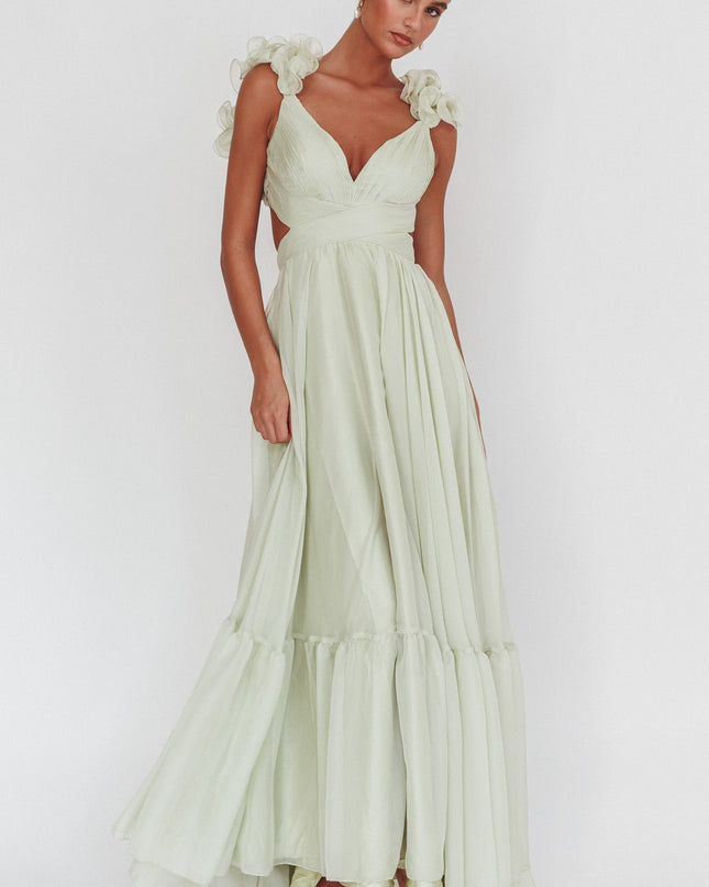 Sage Lace-Up Back Ruffle Maxi Dress