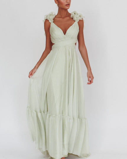 Sage Lace-Up Back Ruffle Maxi Dress
