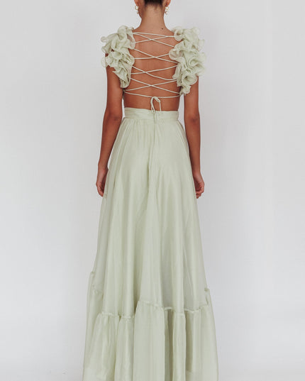 Sage Lace-Up Back Ruffle Maxi Dress