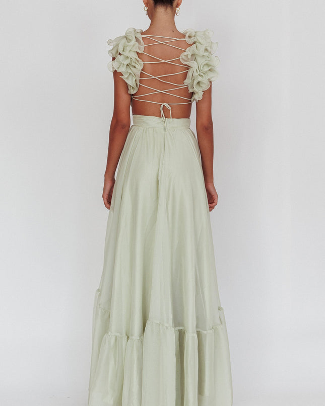 Sage Lace-Up Back Ruffle Maxi Dress