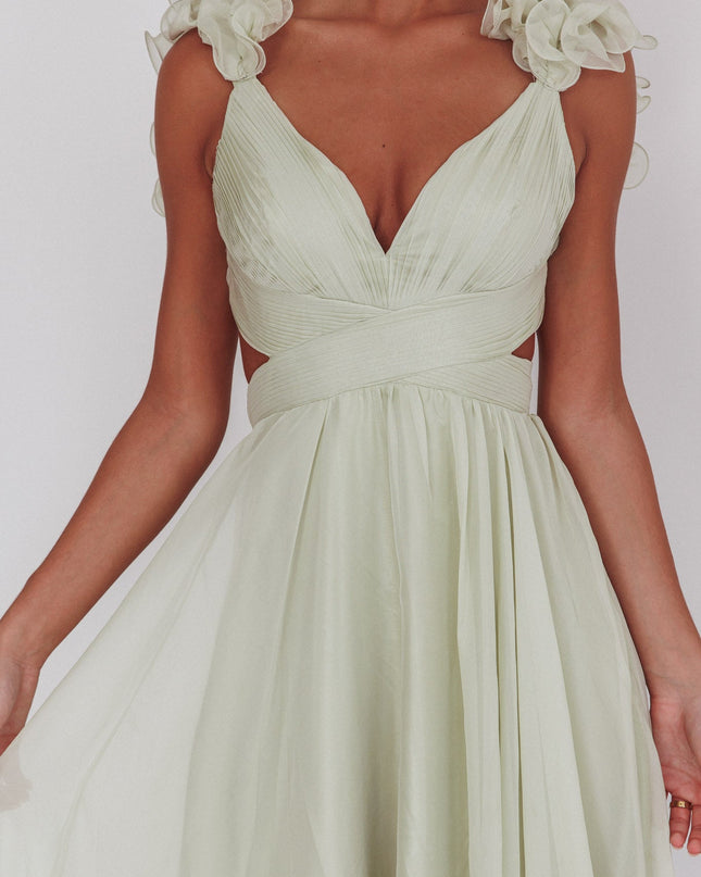 Sage Lace-Up Back Ruffle Maxi Dress