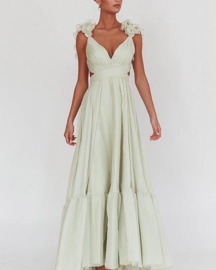 Sage Lace-Up Back Ruffle Maxi Dress