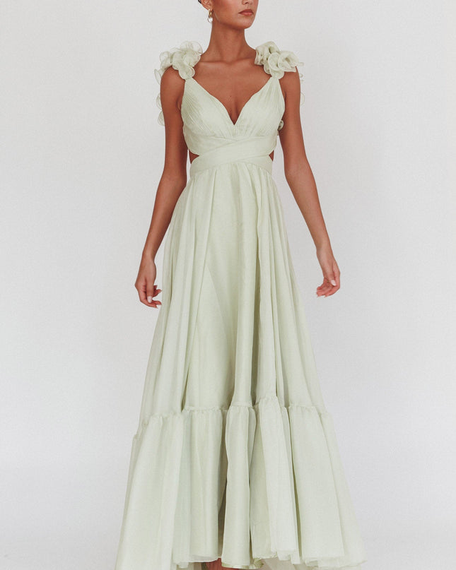 Sage Lace-Up Back Ruffle Maxi Dress