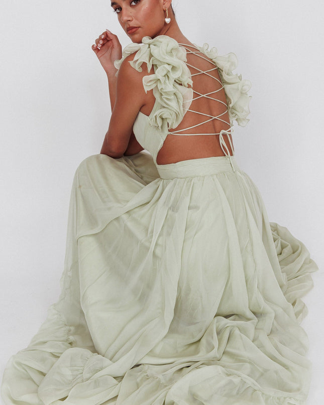 Sage Lace-Up Back Ruffle Maxi Dress