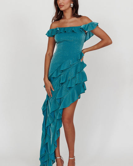 Jade You Off Shoulder Glitter Ruffle Dress