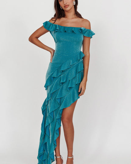 Jade You Off Shoulder Glitter Ruffle Dress