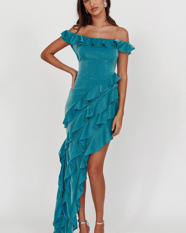 Jade You Off Shoulder Glitter Ruffle Dress
