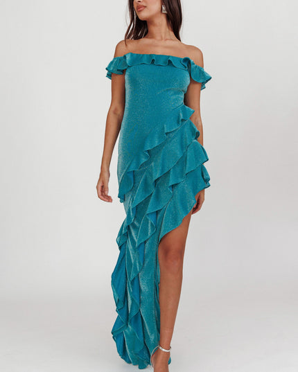 Jade You Off Shoulder Glitter Ruffle Dress
