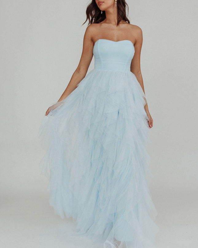 Blue Tulle Cascade Maxi Dress