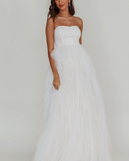 White Tulle Cascade Maxi Dress