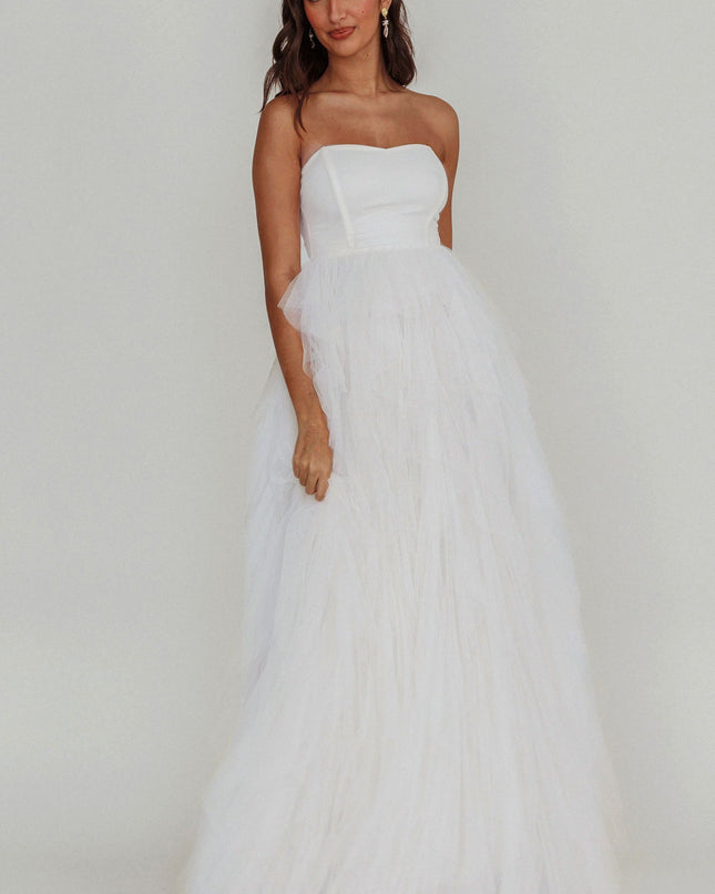 White Tulle Cascade Maxi Dress
