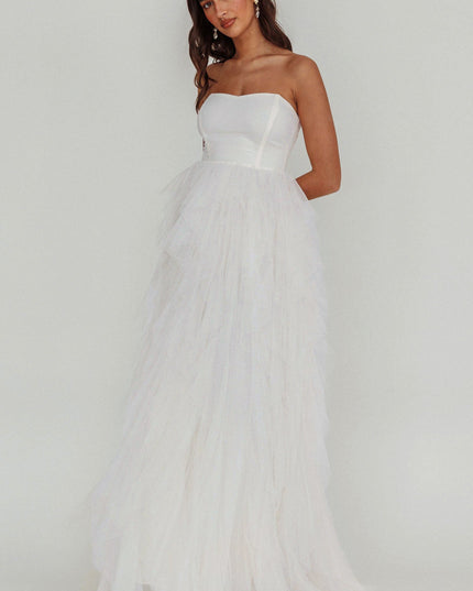White Tulle Cascade Maxi Dress