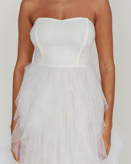 White Tulle Cascade Maxi Dress