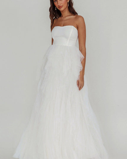 White Tulle Cascade Maxi Dress