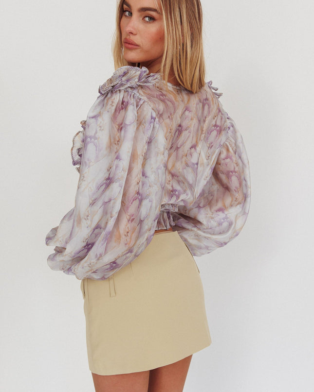 Multi Balloon Sleeves Cropped Blouse Purple