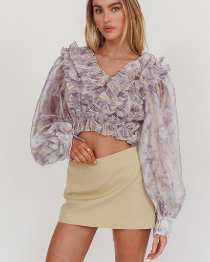 Multi Balloon Sleeves Cropped Blouse Purple