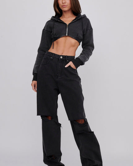 Washed Black Crop Hoodie Jacket