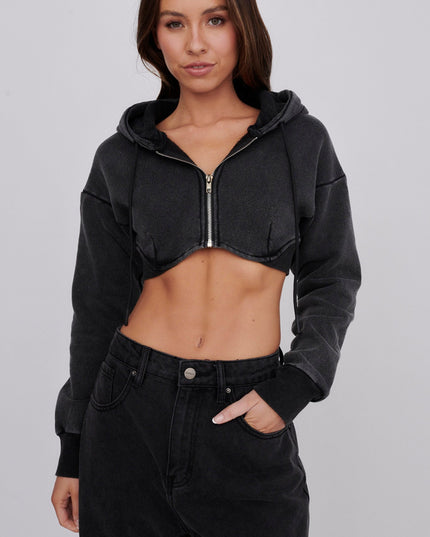 Washed Black Crop Hoodie Jacket