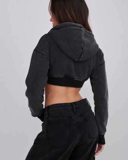 Washed Black Crop Hoodie Jacket