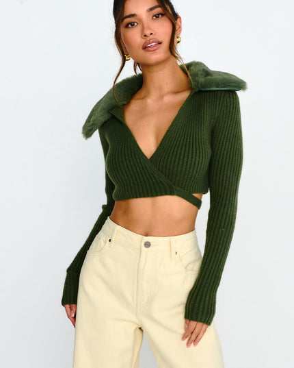 Olive Fur Collar Knit Crop Top Dark