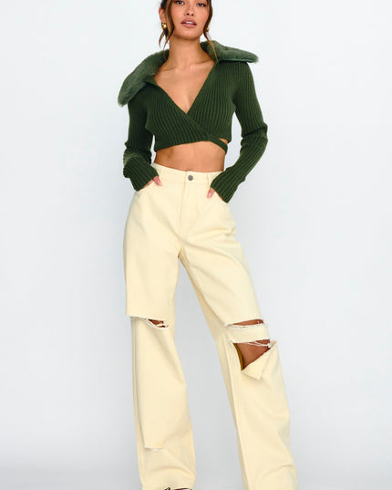 Olive Fur Collar Knit Crop Top Dark