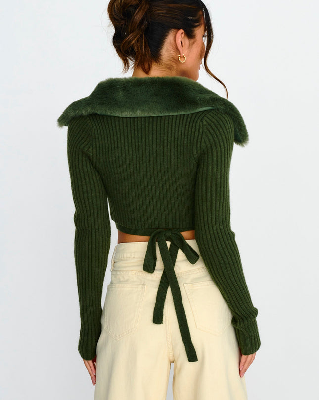 Olive Fur Collar Knit Crop Top Dark
