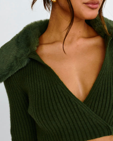 Olive Fur Collar Knit Crop Top Dark