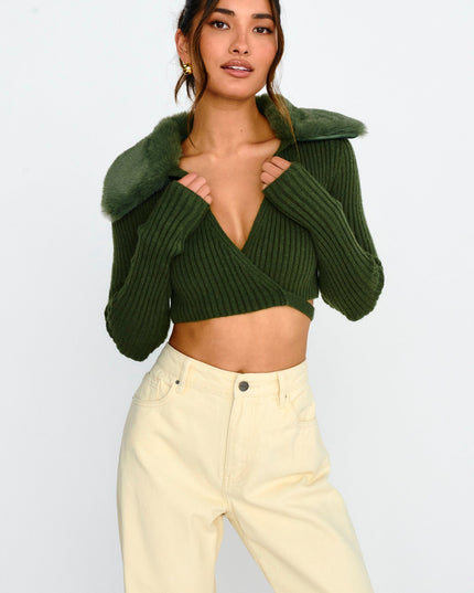 Olive Fur Collar Knit Crop Top Dark