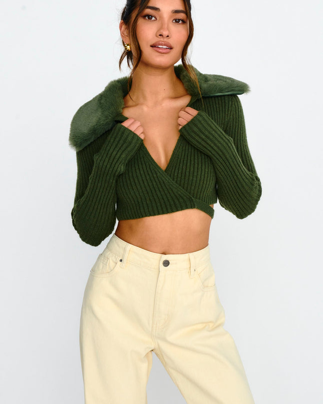 Olive Fur Collar Knit Crop Top Dark