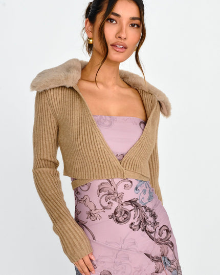 Oatmeal Fur Collar Knit Crop Top