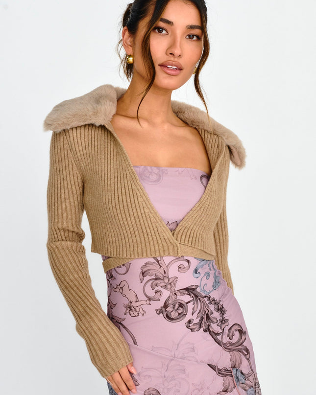 Oatmeal Fur Collar Knit Crop Top