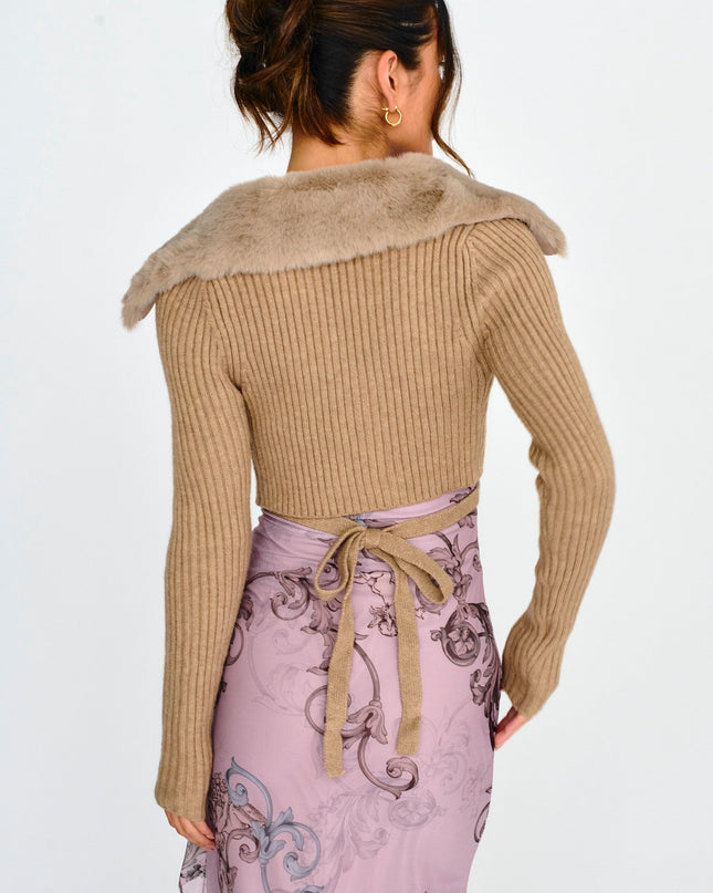 Oatmeal Fur Collar Knit Crop Top
