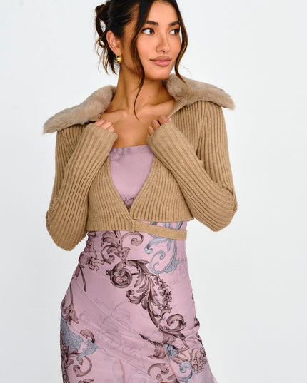 Oatmeal Fur Collar Knit Crop Top