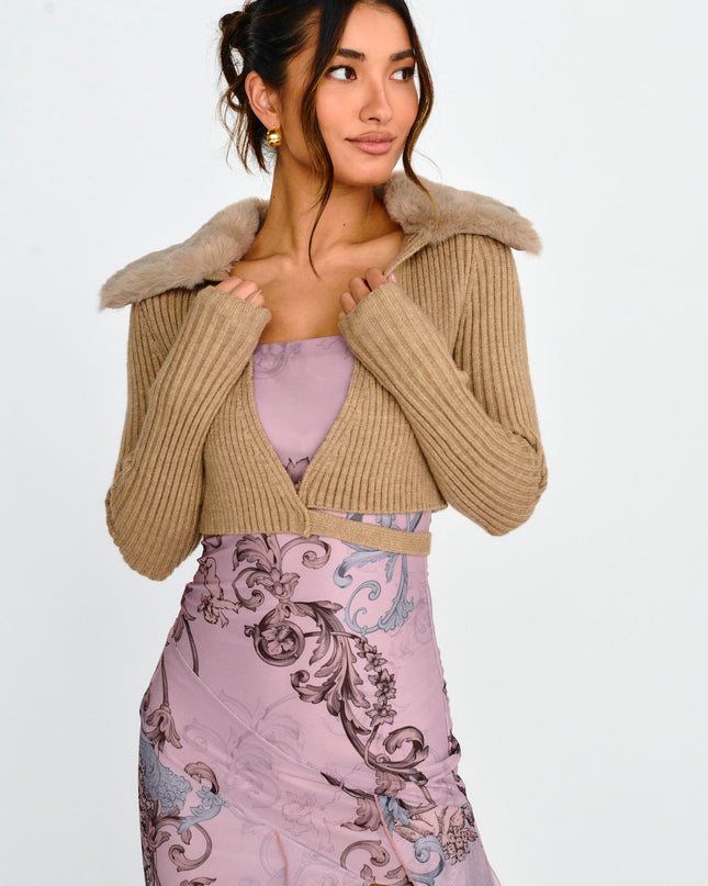 Oatmeal Fur Collar Knit Crop Top