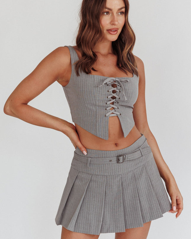 Grey Belted Pleat Mini Skirt