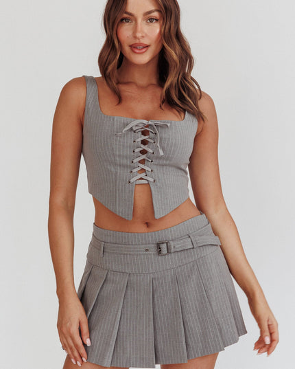 Grey Belted Pleat Mini Skirt