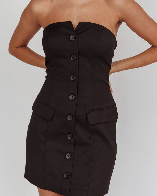 Black Strapless Buttoned Mini Dress