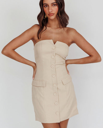 Taupe Strapless Buttoned Mini Dress Light