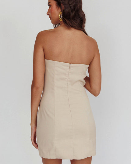 Taupe Strapless Buttoned Mini Dress Light