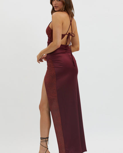 Wine Tied Back Split Maxi Dress